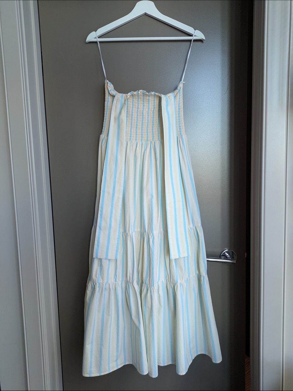 Twik Yellow Blue Stripe Tie-Strap Tiered Midi Dress Summer Coastal Size M Cotton - Picture 2 of 5